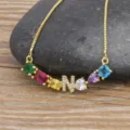 Gold plated colorful gemstone letter N pendant necklace for women dainty clavicle chain - Letter N