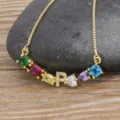 Gold plated alphabet necklace with colorful cubic zirconia gemstones and letter R pendant for women - Letter P