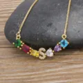 Gold plated initial S letter necklace with colorful cubic zirconia, chic chain for women. - S