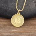 Gold-plated round coin initial B letter pendant necklace with sparkling zircon crystal detail. - Letter B