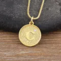 Gold plated round letter C pendant necklace with cubic zirconia stone and box chain fashion jewelry - Letter C