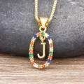 Gold-plated colorful zircon letter J pendant necklace, stylish fashion clavicle chain jewelry. - Letter J