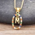 Gold-plated multi-color cubic zirconia letter M pendant necklace, stylish fashion jewelry. - M