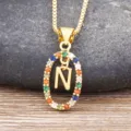 Gold-plated necklace featuring a colorful zircon oval pendant and letter N charm for women. - Letter N