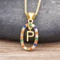 Gold-plated colorful zirconia oval letter P pendant necklace fashion clavicle chain jewelry. - Letter P