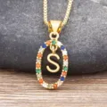 Gold initial S necklace with colorful cubic zirconia stones, elegant clavicle chain for women. - S