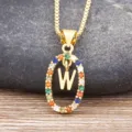 Gold letter W pendant necklace featuring vibrant multi-colored zirconia stones for women. - Letter W