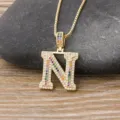 Gold Letter N Initial Pendant Necklace with Colorful Cubic Zirconia Hip Hop Jewelry - Letter N / Gold