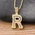 Colorful Paved Cubic Zirconia Letter R Pendant Necklace Hip Hop Style Gold Plated Jewelry - Letter R / Gold