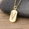 Minimalist Gold Plated Initial Letter V Dog Tag Zircon Pendant Necklace for Women - Letter V