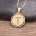 Gold color letter T pendant necklace with colorful cubic zirconia halo and box chain stylish. - Letter T