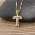 Gold color letter T pendant necklace with colorful micro pave cubic zirconia hip hop jewelry - Letter T / Gold