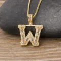 Gold-plated letter W pendant necklace featuring sparkling colorful cubic zirconia stones. - Letter W / Gold