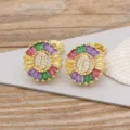 Gold-plated colorful crystal letter D stud earrings, sparkling CZ gemstone jewelry. - Letter D