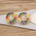 Gold Plated Letter J Stud Earrings with Colorful Baguette Crystals and Sparkling Zircon - Letter J