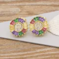 Gold-plated letter R stud earrings featuring colorful baguette crystals and sparkly zircon stones. - Letter R