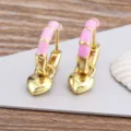 Gold plated pink enamel bamboo hoop earrings with sweet dangling heart charm for women fashion - Pink