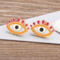Chic colorful evil eye enamel stud earrings, copper 18k gold plated fashion jewelry. - Orange