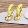 Gold plated hoop earrings with yellow enamel bamboo segments and cute heart pendant jewelry. - Yellow