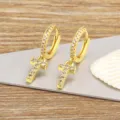 Gold plated cross hoop earrings with sparkling micro-set cubic zirconia for women chic fashion jewelry - Letter T
