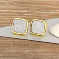 Vintage square stud earrings with gold frame and glitter texture, trendy retro jewelry variant. - Silver