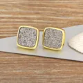 Vintage gold-framed square druzy stud earrings, chic retro mineral texture ear jewelry. - Gray