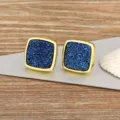 Vintage square blue mineral stud earrings, high-end gold-rimmed retro fashion ear jewelry. - Dark Blue