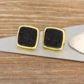 Vintage square geometric earrings with sparkly black insert and gold frame for women. - Black