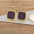 Vintage square gold-rimmed stud earrings with sparkling purple mineral stone, retro chic jewelry. - Purple