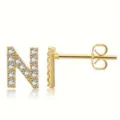 Gold-plated rhinestone letter N stud earrings with stainless steel post and secure back. - Style N