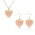 Chic pink heart pendant necklace and earrings set with faux pearls and bows for women fashion. - Necklace And Earrings / Pink
