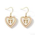 Gold heart faux pearl earrings with chic bow detail, elegant drop style fashion jewelry. - Earrings / White