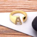 Gold plated initial letter A open ring with sparkling cubic zirconia stones for women. - Letter A / Gold