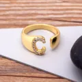 Gold plated letter C ring with sparkling cubic zirconia, adjustable open ring fashion jewelry. - Letter C / Gold