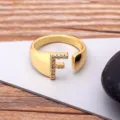Gold-plated CZ letter F open ring adjustable minimalist stylish finger jewelry chic design gift - Letter F / Gold