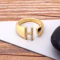 Gold 18k plated initial letter H open ring with sparkling cubic zirconia stones for women. - Letter H / Gold