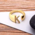 Gold Plated Letter K Open Ring Sparkling Zircon Initial Ring Adjustable Finger Jewelry - Letter K / Gold