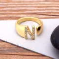 Gold plated initial N open ring with sparkling cubic zirconia, stylish adjustable fashion ring. - Letter N / Gold