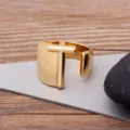 Gold plated open letter T ring, minimalist chunky geometric alphabet finger jewelry for daily wear. - Letter T