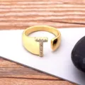 Gold plated letter T ring with sparkling cubic zirconia, adjustable open design fashion jewelry. - Letter T / Gold