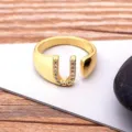 Gold-plated letter U open ring with sparkling cubic zirconia, stylish adjustable fashion jewelry. - Letter U / Gold