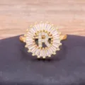 Gold plated letter R zircon ring, elegant circular crystal initial jewelry for women and girls. - Letter R