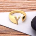 Gold plated 18k open letter Y ring sparkling cubic zirconia adjustable fashion jewelry - Letter Y / Gold