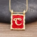 Gold plated initial letter C necklace with red enamel square pendant for women chic. - Letter C