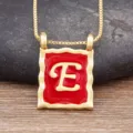 Gold plated red enamel letter E pendant necklace vintage style square collar chain jewelry - Letter E