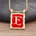 Gold 18K Plated Letter E Pendant Necklace Vintage Red Square Enamel Jewelry Chic - Letter F