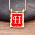 Gold plated H letter pendant necklace with red enamel square charm, elegant clavicle chain. - Letter H