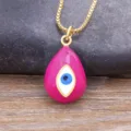 Gold plated evil eye pendant necklace featuring a vibrant pink teardrop enamel design. - Rose Red (N628)