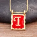 18k gold plated vintage square letter t pendant necklace red enamel dainty chic jewelry - Letter I