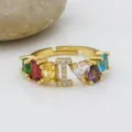 Anello con Lettera Zirconia Multicolore Placcato Oro Aperto Regolabile Donna Moda - Lettera I